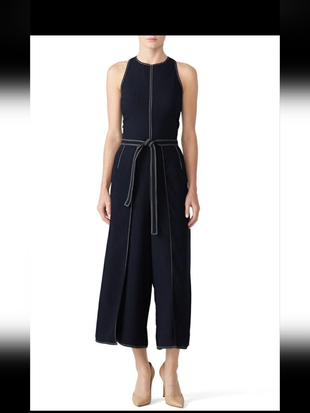 Joie Navy Blue Contrast Stitch Sleeveless Jumpsuit Tie Waist Women's Size 2. - Picture 3 of 16
